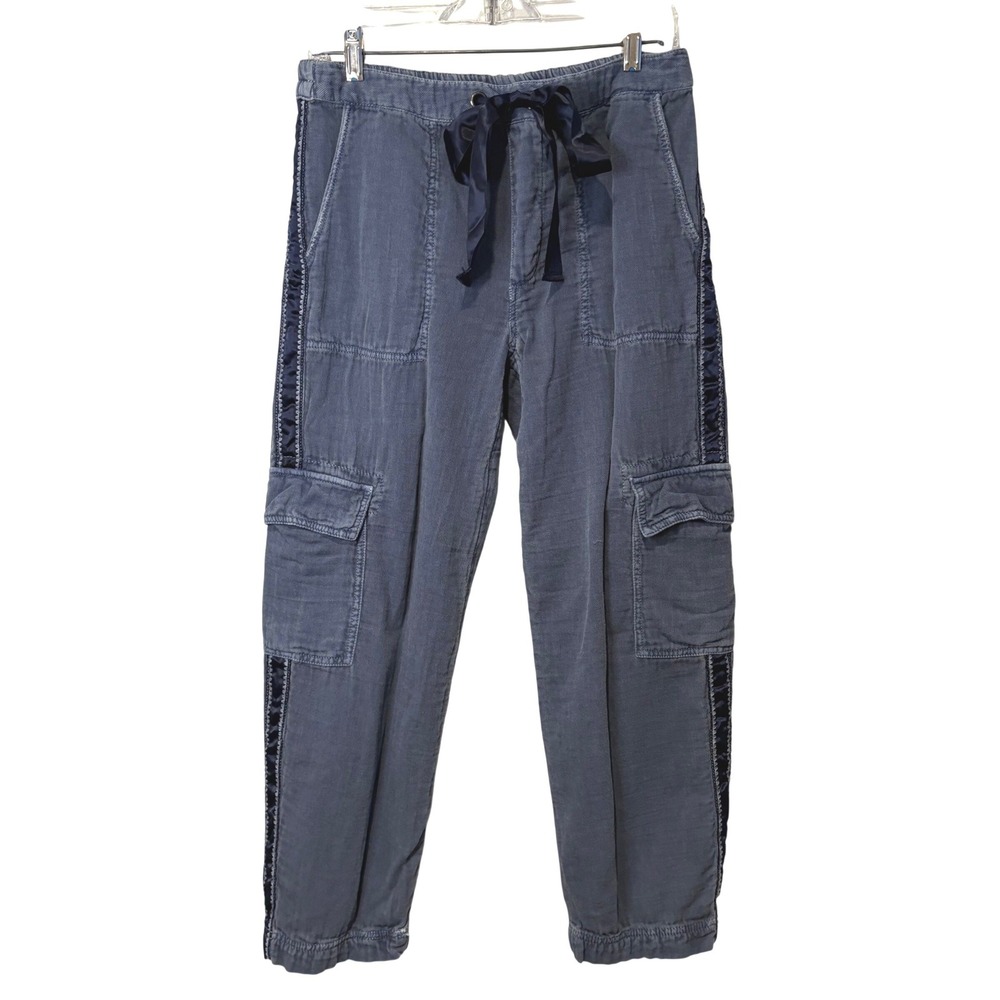 Sundance Cargo Jogger Pants Women PXS Blue‎ Cotton Satin Ribbon Trim Tapered Leg